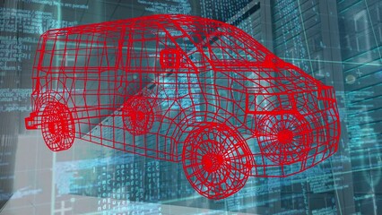 Wall Mural - animation of car project over data processing and servers in blue space