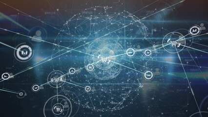 Animation of network of information and shopping icons transferring data over glowing globe