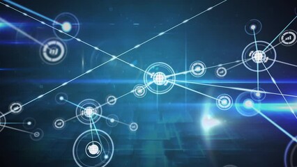 Animation of network of information and global sharing icons transferring data over glowing lights