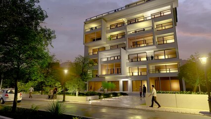 Fototapete - Modern upscale apartment building at dusk