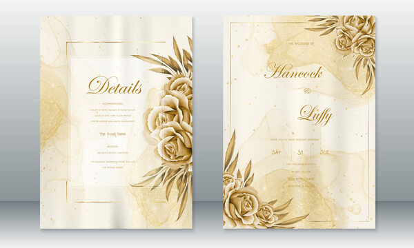 Wedding invitation card template vintage design with gold background and rose bouquet