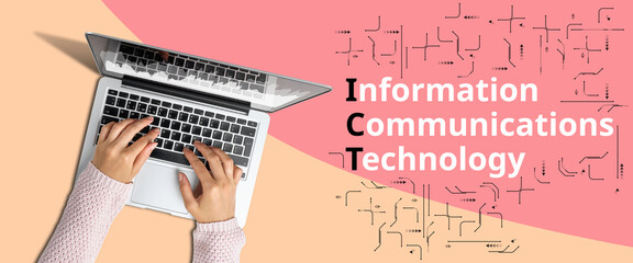 Acronym ICT or Information and communications technology. Person working on a laptop