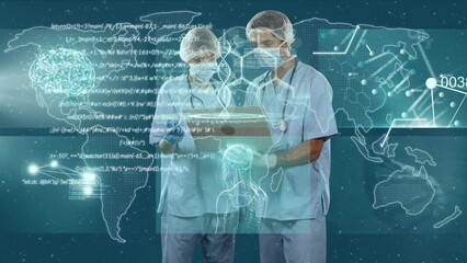 Wall Mural - Animation of data processing over caucasian doctors wearing face masks