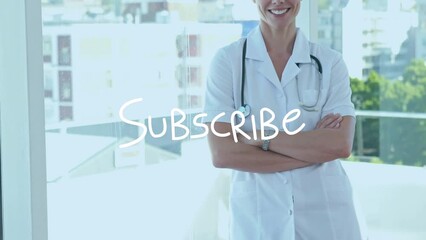 Sticker - Animation of subscribe text over smiling caucasian female doctor