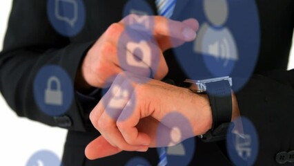 Poster - Animation of technology icons over hands of caucasian man checking smartwatch