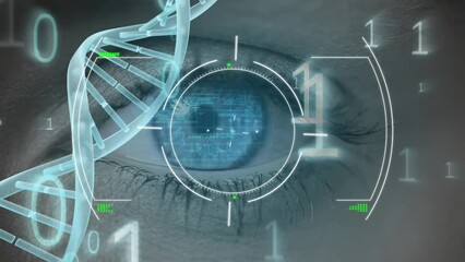 Animation of binary code and diverse data over dna chain on background with female eye