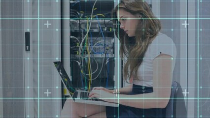 Poster - Animation of checked screen over caucasian woman using laptop at server