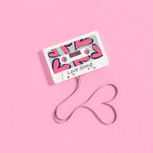 Vintage Cassette Tape On Pink Background. Love Concept.Valentines Or Woman's Day Background Design. Minimal Flat Lay.