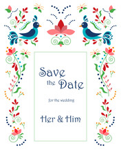 Wedding Invitation Template. Stylized Birds And Flowers In Folklore Style. Vector Illustration. For Congratulations, Postcards, Prints, Holiday Events.