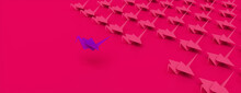 Purple Origami Bird Leading The Group. Contemporary Winner Concept On Pink Background With Copy Space.
