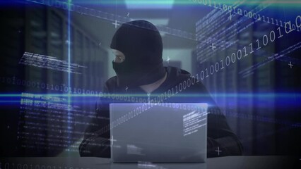 Poster - Animation of data processing over caucasian male computer hacker in balaclava using laptop