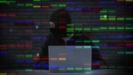 Sticker - Animation of data processing over caucasian male computer hacker in balaclava using laptop