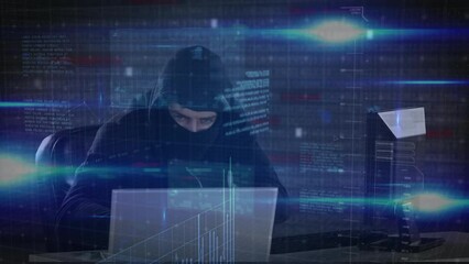 Poster - Animation of data processing over caucasian male computer hacker in balaclava using laptop