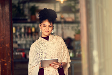 Sticker - I follow the wifi. Portrait of an attractive young woman using a digital tablet in a cafe.