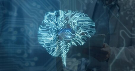 Poster - Animation of brain with computer circuit board over diverse doctors