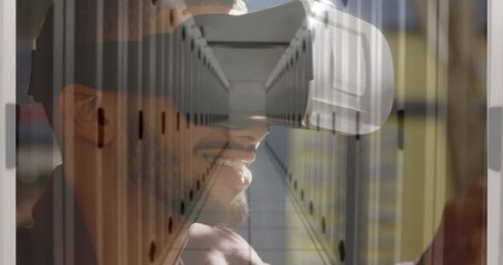 Canvas Print - Animation of men using vr headset over server room