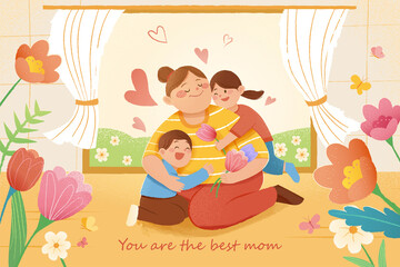 kids hug their mother with love
