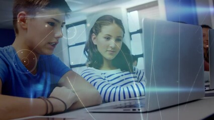 Poster - Animation of connections over happy diverse students using technology at school