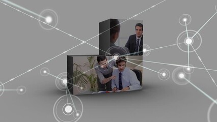 Sticker - Animation of connections over diverse businesspeople on screens over white space