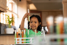Cute Innocent African American Girl Examining Solution In Test Tube At Home