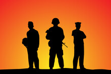 Soldier With Army Navy And Air Force Sunset Silhouette Background, People Design Vector Illustration.