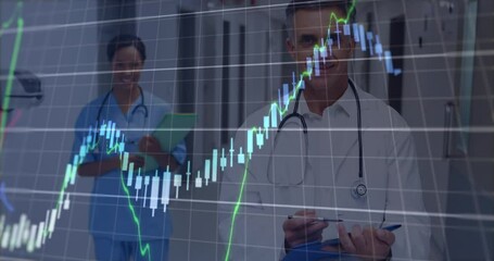 Canvas Print - Animation of financial data over diverse female and male doctors