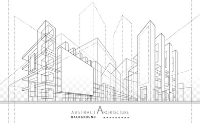 3D illustration linear drawing. Imagination architecture urban building design, architecture modern abstract background. 