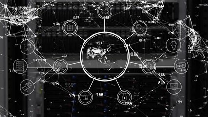 Sticker - Animation of network of connections with icons over computer servers