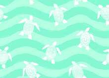 Sea Turtle With Abstract Shell Seamless Pattern. Vector Illustration Background. 