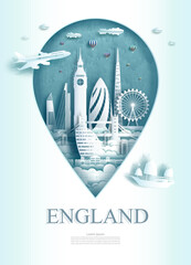 Travel landmarks London of England architecture in pin point symbol. Tour landmark monument pin in europe with modern city building business travel poster and postcard. Tourism landmark of london.