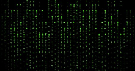 Animation of green binary coding data processing over black background