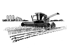 Combine Harvester In The Wheat Field. Ink Black And White Drawing