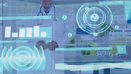 Sticker - Animation of scope scanning and data processing over caucasian male doctor