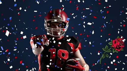 Poster - Animation of fireworks and roses over american football player on dark blue background