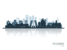 Madrid Skyline Silhouette With Reflection. Landscape Madrid, Spain. Vector Illustration.