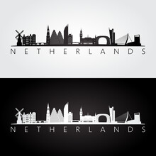Netherlands Skyline And Landmarks Silhouette, Black And White Design, Vector Illustration.