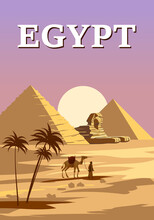 Ancient Sphinx, Egypt Pharaoh Pyramids Vintage Poster. Travel To Egypt Country, Sahara Desert Sunset Landscape, Camel With Egyptian. Retro Card Illustration Vector