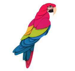 Wall Mural - Abstract macaw bird isolated on white background. Creative 3d concept in cartoon craft paper cut style. Colorful minimal design character. Modern geometric vector illustration.