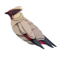 Wall Mural - Abstract waxwing bird isolated on white background. Creative 3d concept in cartoon craft paper cut style. Colorful minimal design character. Modern geometric vector illustration.
