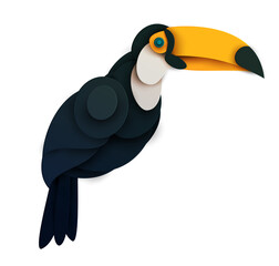 Abstract toucan bird isolated on white background. Creative 3d concept in cartoon craft paper cut style. Colorful minimal design character. Modern geometric vector illustration.