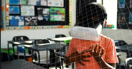 Poster - Animation of data processing over african american schoolboy with vr headset