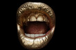 Leinwandbild Motiv Golden woman lips. Womans gold lip. Female mouth close up with golden lipstick. Screaming mouth isolated, shouting mouth close up.