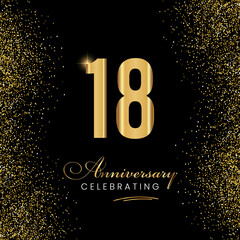 18 Year Anniversary Celebration Vector Template Design. 18 years golden anniversary sign. Gold glitter celebration. Light bright symbol for event, invitation, party, award, ceremony, greeting.