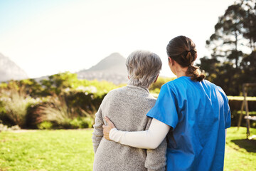 Canvas Print - Caregivers are important members of the healthcare team. Cropped shot of a young female nurse outside with a senior patient.