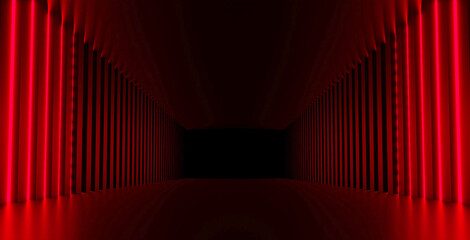 Wall Mural - futuristic sci-fi abstract red neon light shapes on black background and reflective concrete with bl