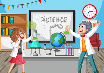 Wall Mural - classroom scene with scientist doing experiment
