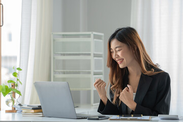 Young Asian woman celebrate success or happy pose with laptop