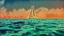Artistic Cartoonized Animation Of Small Yacht Boat Sailing At Sunset. Digital Art Concept