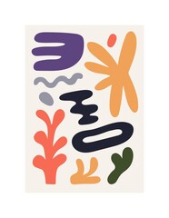 Poster - Interior poster design with modern abstract shapes. Contemporary wall art with irregular elements. Simple creative painting in minimal style. Stylish framed decoration. Flat vector illustration