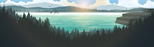 Vector Illustration Of A Mountain Landscape. Lake With Mountains, Pine Forest In Fog. Mountain Scenery In The Morning And Evening.